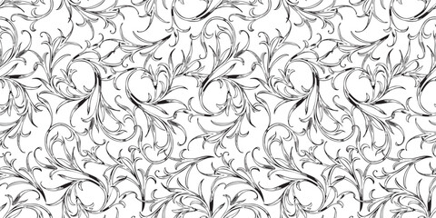 Seamless vector floral pattern of decorative flexible plants, black and white background for textile,paper,wallpaper