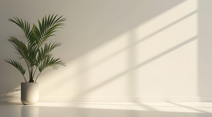 an empty room with a potted plant and white walls in 