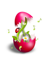Grass treble clef with ladybug and daisy in easter egg