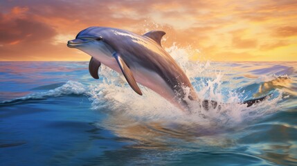 A dolphin jumps out of the water with a sunset in the background.