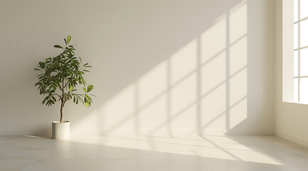 an empty room with a potted plant and white walls in 