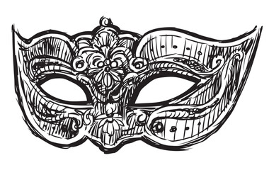 Sketch of single decorative carnival face mask for masquerade, party, vector hand drawing isolated on white