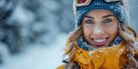young beautiful girl in a snowboard mask in a winter sports suit against the backdrop of a snowy ski resort, woman, skiing, mountains, portrait, eyes, close-up, vacations, holiday, active recreation