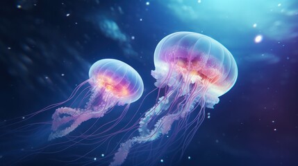 Naklejka premium Two jellyfish swimming in an ocean-like background. The jellyfish have long, flowing tentacles and are illuminated by a pink light from above.