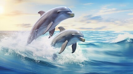 Two dolphins are jumping out of the water on a sunny day. The sky is blue with some clouds, and the sun is shining brightly. The dolphins are grey, and their noses are yellow.