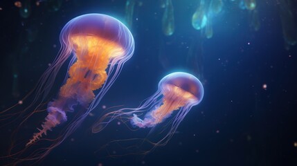 Two jellyfish swimming in the deep blue sea. The background is dark blue with a few bright lights shining on top. They have long, flowing tentacles.
