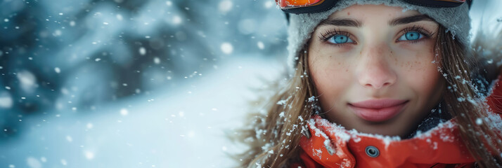 young beautiful girl in a snowboard mask in a winter sports suit against the backdrop of a snowy ski resort, woman, skiing, mountains, portrait, eyes, close-up, vacations, holiday, active recreation