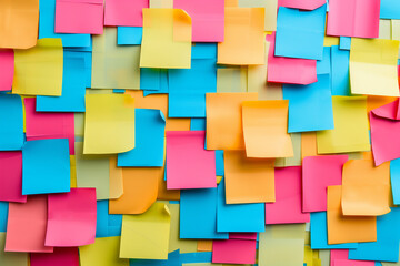 Colorful abstract background pattern of empty sticky notes, colorful set of blank sticky notes stick on the wall, colorful empty blank sticky notes pasted on an office notice board, blank note paper - obrazy, fototapety, plakaty