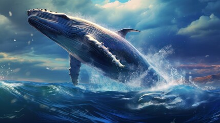 A blue whale jumps out of the water with a spray of water around its head. The sky is blue with white clouds.