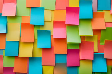 Colorful abstract background pattern of empty sticky notes, colorful set of blank sticky notes stick on the wall, colorful empty blank sticky notes pasted on an office notice board, blank note paper