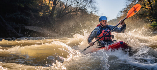 Kayaker navigating rapids shot .