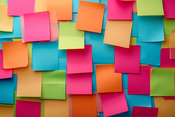 Colorful abstract background pattern of empty sticky notes, colorful set of blank sticky notes stick on the wall, colorful empty blank sticky notes pasted on an office notice board, blank note paper