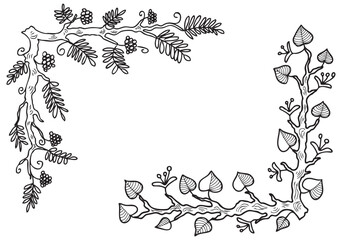 Vector outline drawing of decorative corners from rowan and linden branches, design elements for decorating backgrounds,greeting cards