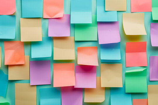 Colorful abstract background pattern of empty sticky notes, colorful set of blank sticky notes stick on the wall, colorful empty blank sticky notes pasted on an office notice board, blank note paper