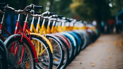 Vibrant array of bicycles lined up at an outdoor bike rack for cycling enthusiasts