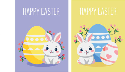 happy easter card with bunny. easter card with rabbit and eggs set . flat cute  illustration modern style	