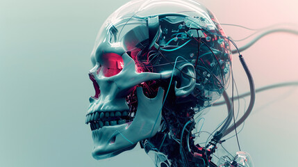 Futuristic Synthesis: Opalescent Tech Meld with Skull Wires