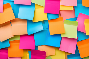 Colorful abstract background pattern of empty sticky notes, colorful set of blank sticky notes stick on the wall, colorful empty blank sticky notes pasted on an office notice board, blank note paper