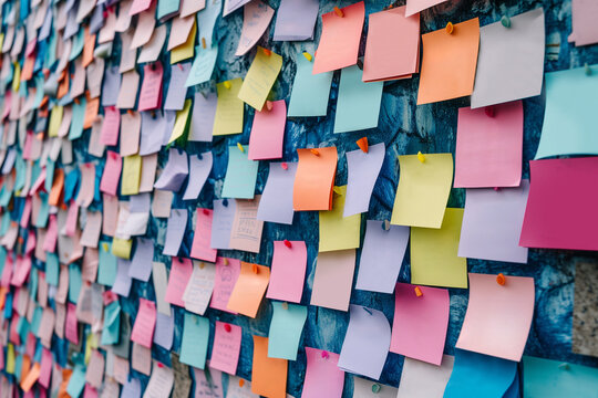 Colorful abstract background pattern of empty sticky notes, colorful set of blank sticky notes stick on the wall, colorful empty blank sticky notes pasted on an office notice board, blank note paper