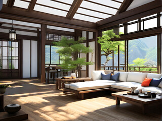 Fototapeta premium A design image that transforms a quiet traditional oriental house into a modern one. Generative AI