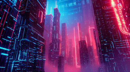 Fototapeta premium Electric Dreamscape: Neon Towers Aglow
