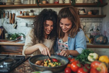 Two happy and smiling women during cooking food in the kitchen. Portrait of cheerful LGBT+ couple