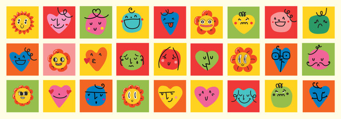 Groovy lovely funny faces stickers. Love concept. Happy Valentines day. Funky happy emoji characters in trendy retro 60s 70s cartoon style. Vector illustration