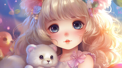 Fototapeta premium A beautiful girl - princess with large expressive eyes in clothes made of cream feathers, a magnificent hairstyle, with a toy bear in her hands on an abstract background, ears.