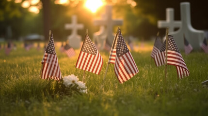 16:9 or 9:16 The USA flag is placed in front of the grave of soldiers who died in the war on...