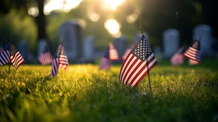 16:9 or 9:16 The USA flag is placed in front of the grave of soldiers who died in the war on Memorial Day or Victory Day