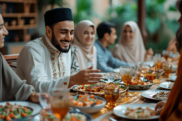 Arab family having dinner, Ramadan - obrazy, fototapety, plakaty