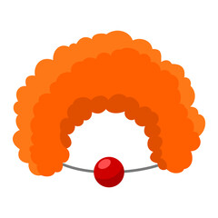 Clown orange curly wig and red nose with threads flat style. Children carnival costume, props for masquerade, holiday party. Photo booth prop. Vector illustration
