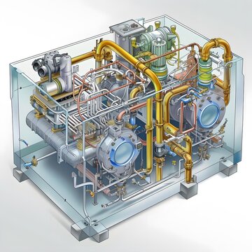 Illustration demonstrating the complex multi-stage refrigeration cycle, showcasing the system's components and how they work together to cool industrial and household settings.