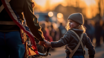 16:9 or 9:16 Soldiers and children were walking around watching the parade on Memorial Day or Victory Day and Father's Day .
