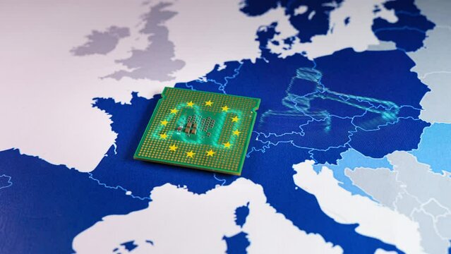 Europe Map with virtual hologram of a gavel and sound block and AI word. Concept of the EU recently adopted the AI Act, ushering in new restrictions on Artificial Intelligence use cases and mandating