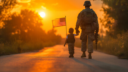 16:9 or 9:16 Soldiers and children were walking around watching the parade on Memorial Day or...