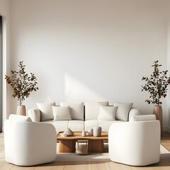 Scandinavian style modern living room interior featuring a white sofa and armchairs with minimalist decor and soft natural lighting.