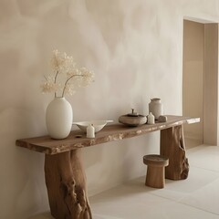 Modern Japandi entrance hall with a rustic wood console table against a beige stucco wall, creating a clean, minimalist interior design with nature-inspired textures and neutral tones.