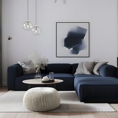 Scandinavian home interior with modern living room featuring a dark blue corner sofa and two knitted poufs, showcasing the cozy and minimalist design.