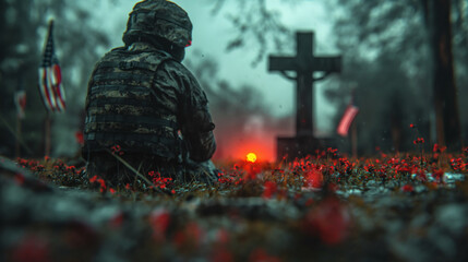 16:9 or 9:16 Soldiers sit on their knees to mourn the soldiers who died in the war on Memorial Day...
