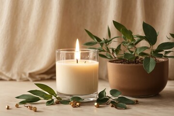 Obraz na płótnie Canvas Scented candle and plant branch on beige background