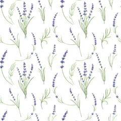 Seamless pattern with purple lavender flowers. Watercolor hand drawn illustration background with floral plants stylized. Template for fabriks and wallapaper, scrapbooking, tiled, covers and textaile
