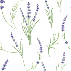 Fototapeta na wymiar Seamless pattern with purple lavender flowers. Watercolor hand drawn illustration background with floral plants stylized. Template for fabriks and wallapaper, scrapbooking, tiled, covers and textaile