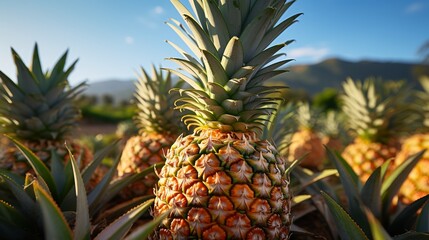 Green fresh pineapples in bright yellow market light background