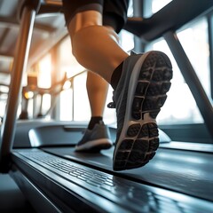 Close-up of a sportsman's feet running on a treadmill in a modern fitness club, representing energy and determination for a fresh start in 2024. - obrazy, fototapety, plakaty