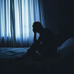 Silhouette of a depressed man sitting on the edge of a bed in a dark bedroom, symbolizing sadness, depression, insomnia, and mental health struggles.
