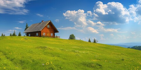 The only wooden house on the top of a green meadow mountains