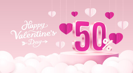 Happy Valentine day, Mega sale, special offer, 50 off sale banner. Sign board promotion. Vector illustration