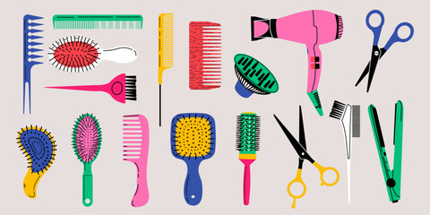 Set of equipment for a hairdresser. Collection of tools for hair cutting and styling. Hairdryer, hairbrush,  scissors and professional tools for barbershop. Hand drawn vector illustration on light bac
