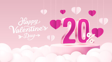 Happy Valentine day, Mega sale, special offer, 20 off sale banner. Sign board promotion. Vector illustration